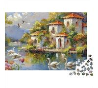 Paesaggio rurale con villa, puzzle da 1000 pezzi con case sul lago e cigni, gioco educativo per adulti, decorazione per la casa, sfida di alta difficoltà, regalo di compleanno, 52x38 cm/1000 pezzi