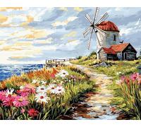 Paesaggio rurale Kit Punto Croce Prestampato,Fiori e mulini a vento in riva al fiume,DIY Ricamo Cucito a Mano Cross Stitchm,11CT Embroidery Starter Kit artigianato per Principianti Set,40x50cm