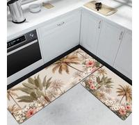 Paesaggio tropicale Set di 2 Tappeti da Cucina Antiscivolo e Impermeabili, Tappetini Lavabili con Palme Fiori, per Decorazione Casa e Ufficio 43x75cm+43x150cm, Bianco rosato