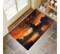 Paesaggio Un Villaggio Medievale Zerbino 90x150cm, Tramonto Motivo Un Vecchio Albero Zerbino Ingresso Antiscivolo Lavabili Basso Profilo Tappetino per Interno per Tappeto per Zerbini, Arancione scuro