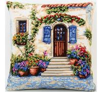 Paesaggio urbano di una piccola città Kit per cuscino a punto croce per Principianti Adulti,Vasi di fiori davanti alla porta,Kit da Ricamo,Punto Croce Cuscino,45X45cm Regali per la decorazione
