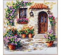 Paesaggio urbano di una piccola città Kit Punto Croce per Cuscino Principianti,Vasi di fiori davanti alla porta,Prestampato Cuscino da Tiro Fai da Te Ricamato Kit,per Arredamento Casa 45x45cm