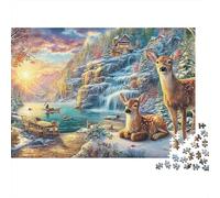 Paese delle Meraviglie Invernale Puzzle 1000 Pezzi Adulti Cervo Cascata Tramonto Invernale Difficile Premium Spesse Resistenti Vivaci Antistress Arredo 70x50cm/1000pz