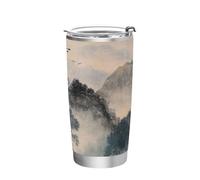 Paglia in acciaio inossidabile con paesaggio cinese in stile inchiostro grigio, bottiglia d'acqua isolata sottovuoto coperchio a prova di perdite tazza da caffè per andare per palestra riutilizzabile