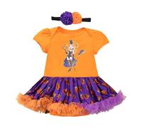 Pagliaccetto con Stampa Zucca per Halloween Neonate Completino 2 Pcs in Tulle Corta Tutù Bambine,Completi Neonata Zucca Stampa lunga Romper Gonna Fascia Vestiti Autunno Il mio primo Halloween
