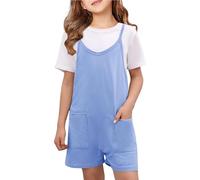 Pagliaccetto Corto Ragazza Salopette da Ragazza Ampia Estivo Tuta Corta Senza ManicheTuta Intera Jumpsuit con Tasche Spiaggia Vacanza con Solidi Casual a Gamba Larga (Light Blue, 5-6 Years)