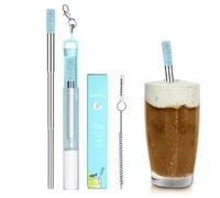 Pagnello telescopico portatile - Piste da bere in acciaio inossidabile riutilizzabile | Tubo pieghevole in metallo | Punta di silicone ecologica, sipper con tasca compatta con custodia e pennello