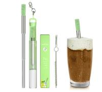 Pagnello telescopico portatile - Piste da bere in acciaio inossidabile riutilizzabile | Tubo pieghevole in metallo | Punta di silicone ecologica, sipper con tasca compatta con custodia e pennello
