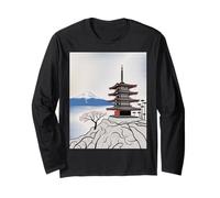 Pagoda Giapponese Monte Fuji Cherry Blossom Paesaggio Arte Maglia a Manica