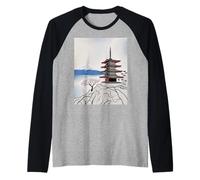 Pagoda Giapponese Monte Fuji Cherry Blossom Paesaggio Arte Maglia con Maniche Raglan