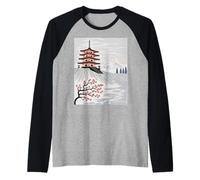 Pagoda Giapponese Monte Fuji Cherry Blossom Paesaggio Arte Maglia con Maniche Raglan