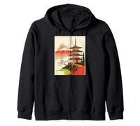 Pagoda Giapponese Tempio Monte Fuji Cherry Blossom Art Felpa con Cappuccio