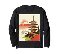 Pagoda Giapponese Tempio Monte Fuji Cherry Blossom Art Maglia a Manica