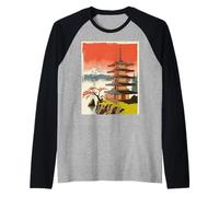 Pagoda Giapponese Tempio Monte Fuji Cherry Blossom Art Maglia con Maniche Raglan