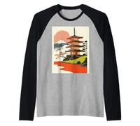 Pagoda Giapponese Tempio Monte Fuji Cherry Blossom Art Maglia con Maniche Raglan