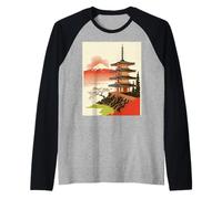 Pagoda Giapponese Tempio Monte Fuji Cherry Blossom Art Maglia con Maniche Raglan