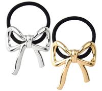 PAGOW 2 elastici per capelli con fiocco color oro e argento, con fiocco in metallo, elastici per coda di cavallo, eleganti accessori per capelli da donna