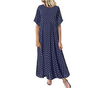 PAIDAXING Abiti estivi da donna UK Fashion Polka Dots Print Maxi Dress Casual Girocollo Manica Corta Abito Lungo Plus Size Donna Vita Alta Abito da Spiaggia Vacanze, Marina Militare, XXL