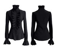 PAIDAXING Camicia vittoriana da donna a maniche lunghe con colletto alla coreana e volant con volant camicetta gotica retrò svasata manica rinascimentale top carnevale vampiro camicetta, Nero , S