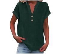 PAIDAXING Camicie da donna in cotone e lino a maniche corte per uscire con scollo a V button down tinta unita camicie a tunica da allenamento da donna Camicette da garza estive alla moda abbigliamento