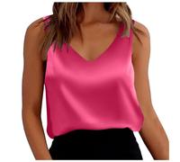 PAIDAXING Canotte da donna in raso di seta senza maniche con scollo a V Camicette sexy tinta unita gilet estivo base per uscire top party clubwear camicie da notte leggere, A#2-Rosa acceso, XL