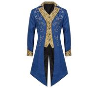 PAIDAXING Cappotto medievale vintage ricamato da uomo, giacca punk di media lunghezza, costume di Halloween, cosplay gotico rinascimentale, giochi di ruolo, vestito retrò da corte letteraria, Blu, L