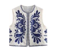PAIDAXING, cardigan da donna vintage boho con ricamo floreale, senza maniche, con apertura frontale, imbottito, stile cropping, retrò, etnico, gilet, senza maniche, corto, per l'abbigliamento casual