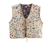 PAIDAXING, cardigan da donna vintage boho con ricamo floreale, senza maniche, con apertura frontale, imbottito, stile cropping, retrò, etnico, gilet, senza maniche, corto, abbigliamento esterno per