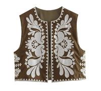 PAIDAXING, cardigan da donna vintage boho con ricamo floreale, senza maniche, con apertura frontale, imbottito, stile cropping, retrò, etnico, gilet, senza maniche, corto, abbigliamento esterno per