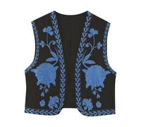 PAIDAXING, cardigan da donna vintage boho con ricamo floreale, senza maniche, con apertura frontale, imbottito, stile cropping, retrò, etnico, gilet, senza maniche, corto, abbigliamento esterno per