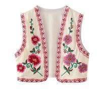 PAIDAXING, cardigan da donna vintage boho con ricamo floreale, senza maniche, con apertura frontale, imbottito, stile cropping, retrò, etnico, gilet, senza maniche, corto, per l'abbigliamento casual