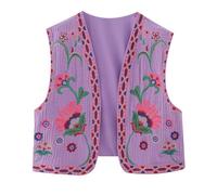 PAIDAXING, cardigan da donna vintage boho con ricamo floreale, senza maniche, con apertura frontale, imbottito, stile cropping, retrò, etnico, gilet, senza maniche, corto, per l'abbigliamento casual