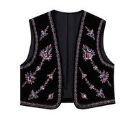 PAIDAXING, cardigan da donna vintage boho con ricamo floreale, senza maniche, con apertura frontale, imbottito, stile cropping, retrò, etnico, gilet, senza maniche, corto, per l'abbigliamento casual