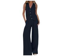 PAIDAXING - Completo da donna in cotone e lino, 2 pezzi, con giacca, pantaloni a gamba larga, top senza maniche con scollo a V, elegante, autunnale, per ufficio e lavoro, 02-blu navy, L