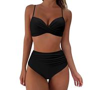 PAIDAXING Costume da bagno da donna a 2 pezzi, bikini avvolgente incrociato, push-up con pantaloncini a vita alta per controllo della pancia, costumi da bagno imbottiti, Nero , 52