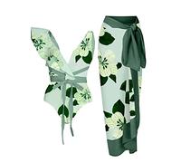 PAIDAXING Costume da bagno da donna in 2 pezzi con pareo abbinato, estivo, vintage, stampa floreale, monokini con gonna lunga avvolgente Boho Holiday Beachwear, 40-verde, XL