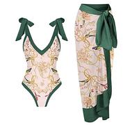 PAIDAXING Costume da bagno da donna in 2 pezzi con pareo abbinato, estivo, vintage, stampa floreale, monokini con gonna lunga avvolgente Boho Holiday Beachwear, 31-verde, M