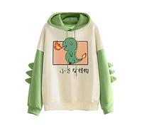 PAIDAXING Dinosaur Hoodies Donna Pullover con Corna sulla Manica Cotone Felpe Ragazza Carino Casual Top per Inverno Autunno Primavera Taglia S-5XL, H-verde., XL