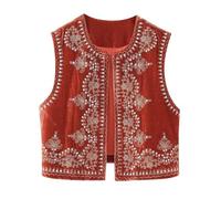 PAIDAXING Gilet da donna vintage boho con ricamo floreale, senza maniche, con apertura frontale, imbottito, stile cropping, cardigan, stile etnico retrò, gilet corto senza maniche per l'abbigliamento