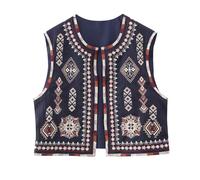 PAIDAXING Gilet da donna vintage boho con ricamo floreale, senza maniche, con apertura frontale, taglio corto, cardigan, stile etnico retrò, senza maniche, per abbigliamento casual estivo e autunnale