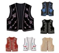 PAIDAXING Gilet da donna vintage boho floreale ricamato senza maniche aperto sul davanti crop cardigan, gilet in stile etnico retrò, corto senza maniche outwear per estate e autunno casual streetwear