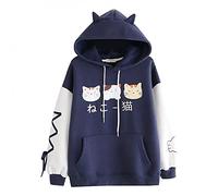 PAIDAXING Kawaii Felpe con cappuccio da donna Carino Gatto Orecchio Pullover Giapponese Lettera Con Cappuccio Coulisse Tasche Canguro Camicetta Top per Ragazze, Blu, XL