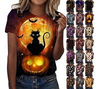 PAIDAXING Magliette da donna per Halloween T-shirt girocollo maniche corte scheletro zucca nero gatto ragno Halloween modello camicie da allenamento top taglia UK, Orange-C, S