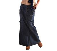 PAIDAXING Maxi gonna di jeans da donna dritta lunga gonna in denim con tasche muti bottone frontale gonna trapuntata da donna a vita alta elasticizzata vintage gonna di jeans retrò blu, Blu scuro, XL