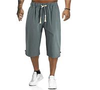 PAIDAXING Pantaloncini sportivi da uomo in lino sotto il ginocchio, con elastico in vita, coulisse e tasche, casual, lunghezza al polpaccio, Verde militare, XXL