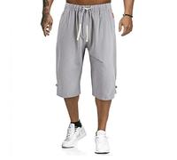 PAIDAXING Pantaloncini sportivi da uomo in lino sotto il ginocchio Elastico in vita con coulisse Pantaloni Capri estivi con tasche Casual al polpaccio, grigio, XXL