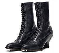 PAIDAXING Stivaletti con lacci per donna, lunghezza polpaccio, stivali vittoriani in pelle con tacco Louis per donna, stivaletti vintage steampunk gotici, Nero , 38 EU