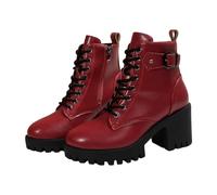 PAIDAXING Stivaletti da donna a metà polpaccio con tacco grosso, cinturino con fibbia, lacci in finta pelle, suola con plateau, stile retrò, vintage, stivaletti da donna casual per autunno e inverno