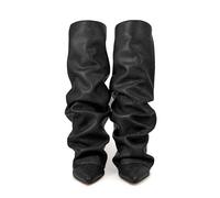 PAIDAXING Stivali alti al ginocchio da donna UK Slouchy impilati polsino piegato punta punta spessa tacco a blocco stivali da donna autunno inverno moda casual comodi stivali a metà polpaccio, 3 nero