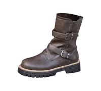 PAIDAXING Stivali da combattimento da donna, antiscivolo, con tacco spesso spesso, con fibbia per cintura, cerniera, alla moda, punta rotonda, in pelle, stivaletti alla caviglia, per esterni, casual